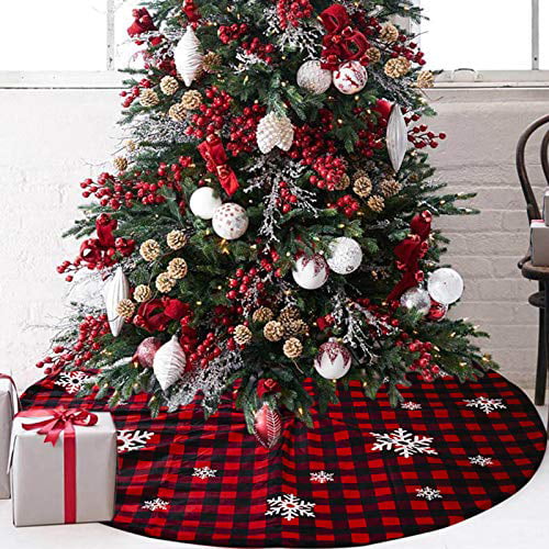 36 inches LANEABUY Red and Black Lattice Beautiful Snowflake Pattern Tree Skirt Double Layers Thick Xmas Tree Mat Holiday Party Decorations Christmas Tree Skirt 